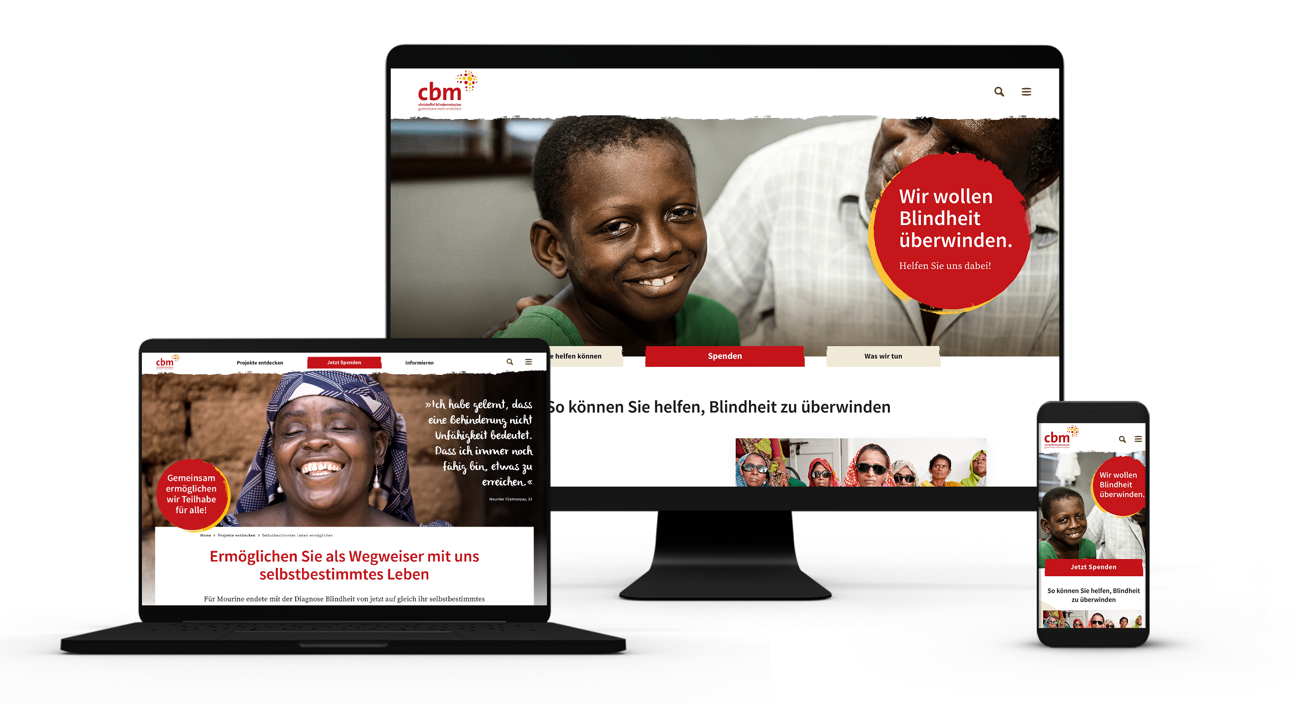 Tablet, desktop and smartphone screen with the website of the Christian Blind Mission