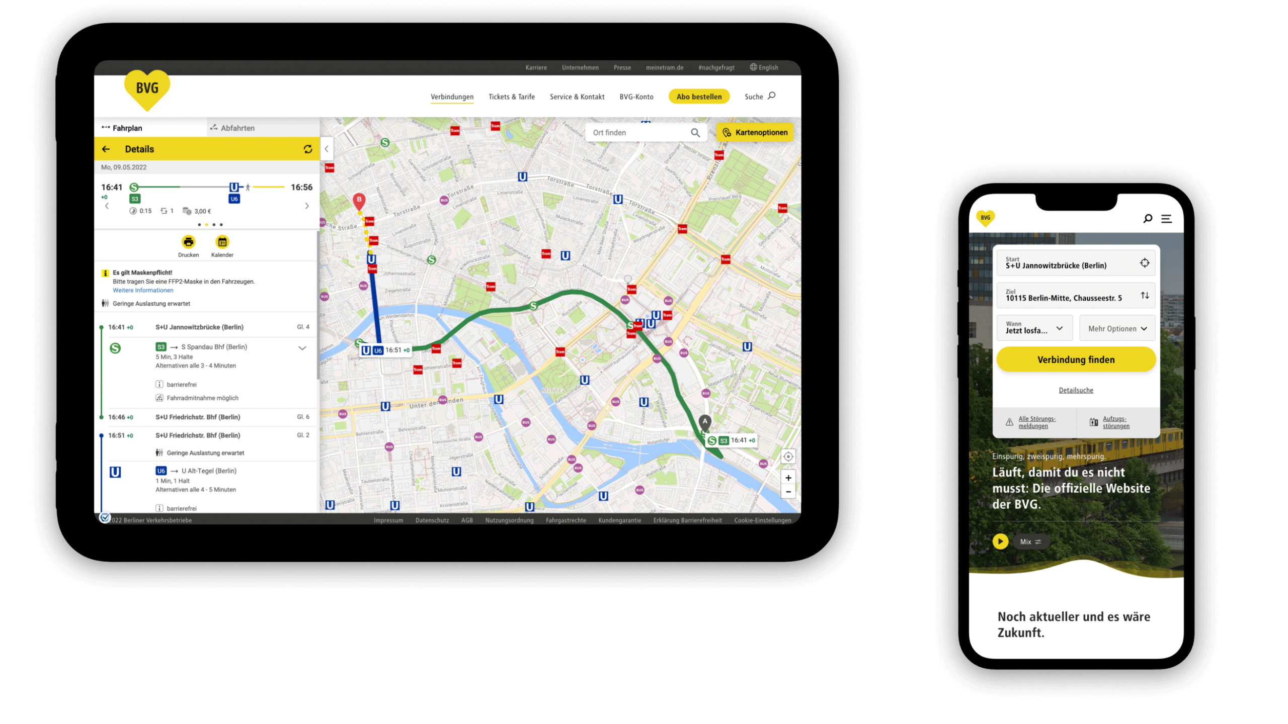 Tablet und Smartphone-Screen mit Abbildung der BVG App und Übersicht einer Wegweisung mit den öffentlichen Verkehrsmitteln