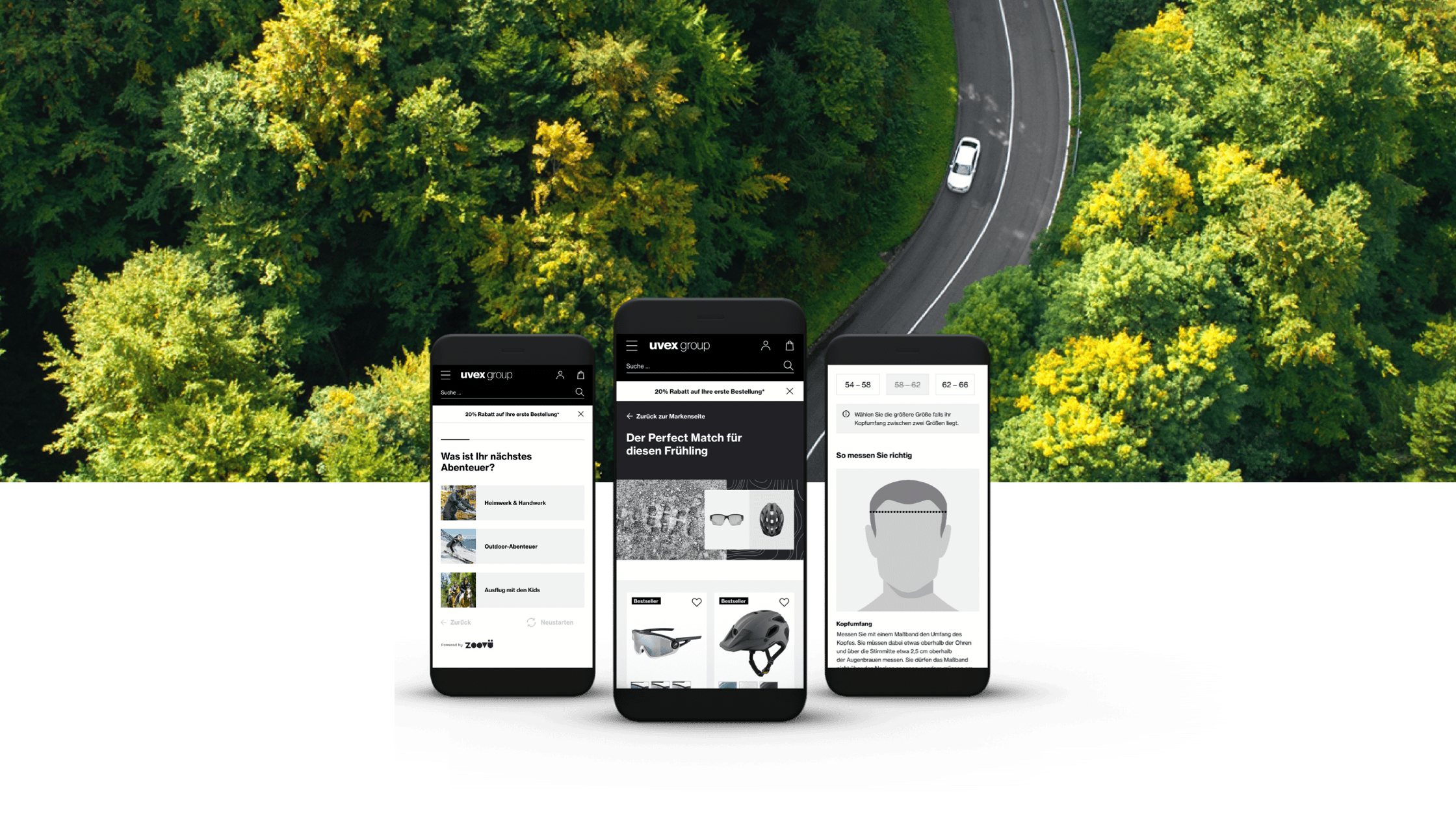 Die uvex Website auf einem Smartphone. Im Hintergrund Wald und Straße aus der Vogelperspektive 