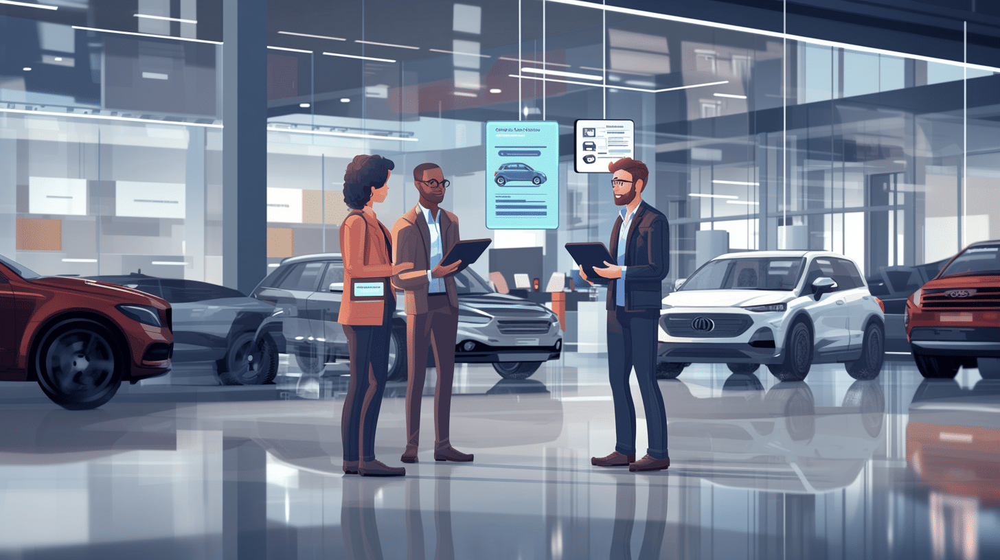 The AI-generated image depicts three people engaged in a sales conversation, facing each other and holding tablets. Cars are visible in the background.